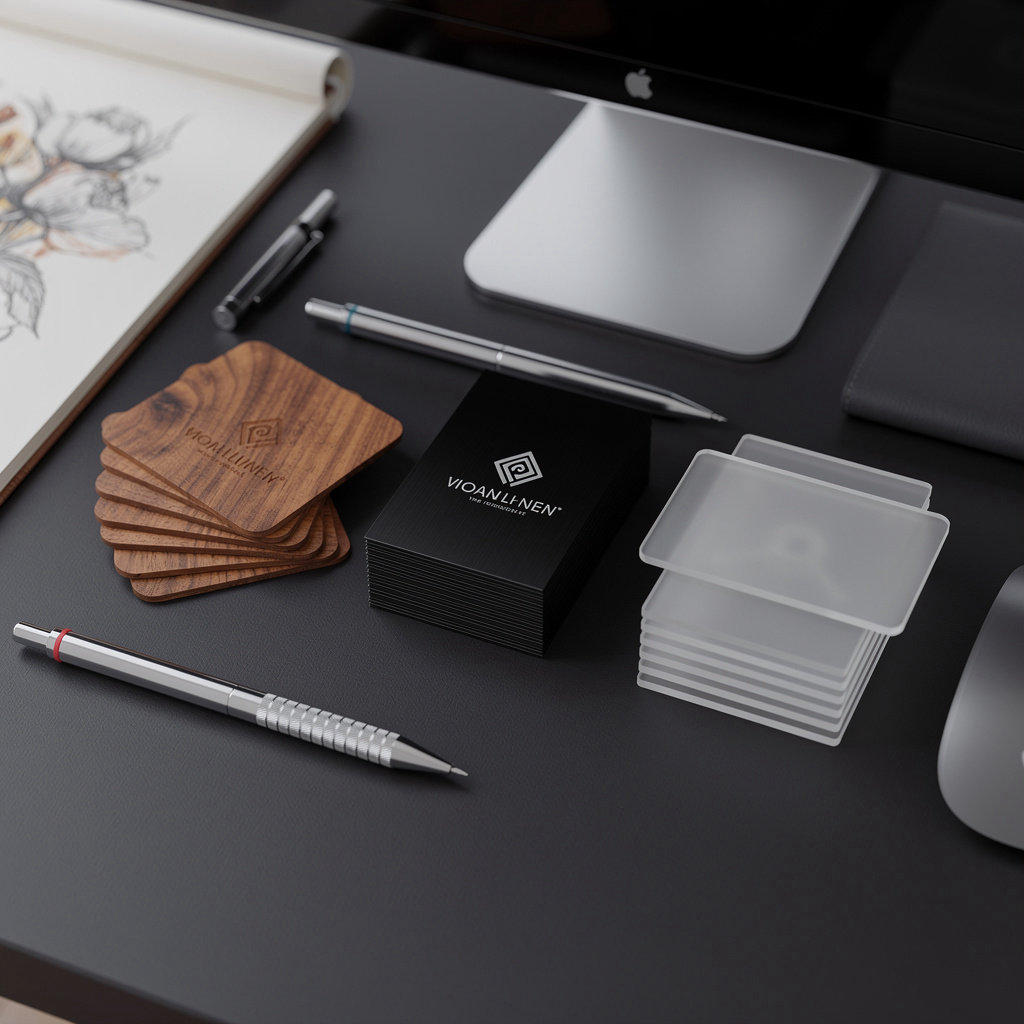 Custom Laser Engraving Company professional engraved business cards in wood, metal, and acrylic materials