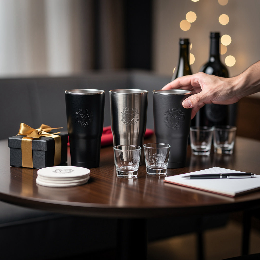 Custom Laser Engraving Company personalized engraved tumblers and drinkware for corporate gifts and events