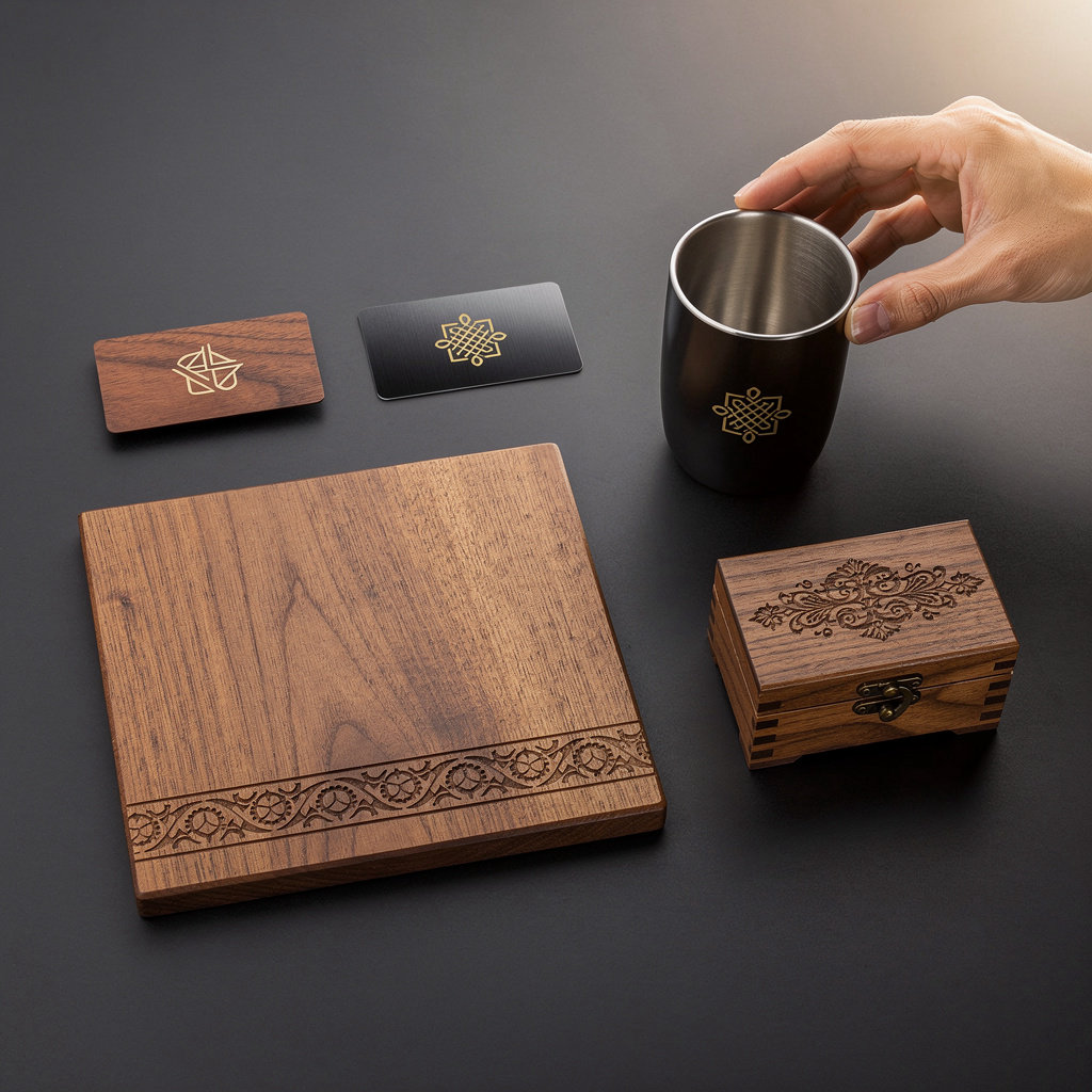 Custom Laser Engraving Company portfolio showcase - engraved business cards, tumblers, cutting boards and custom wood products