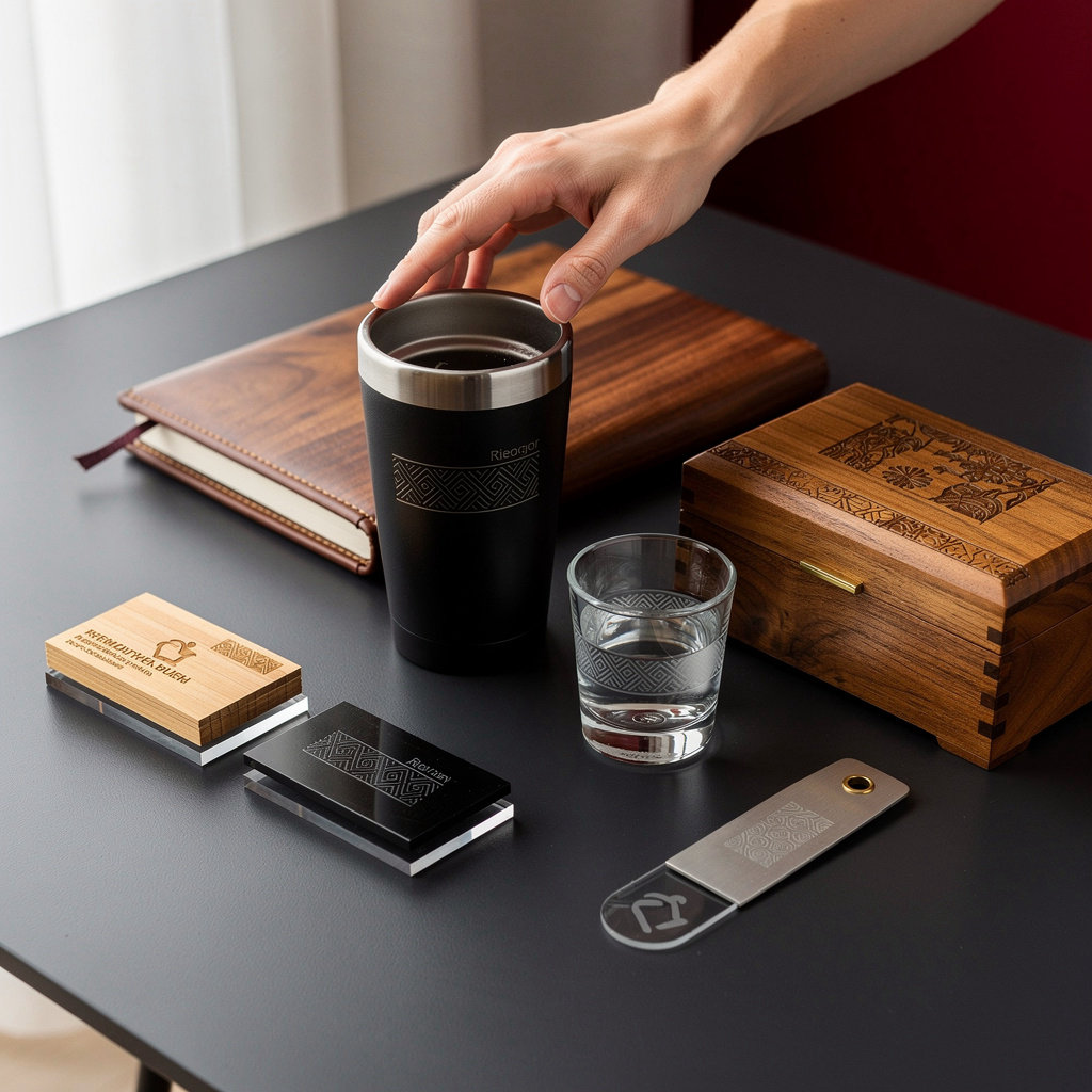 Custom Laser Engraving Company showcase of engraved business cards, tumblers, cutting boards and personalized products in Fort Worth